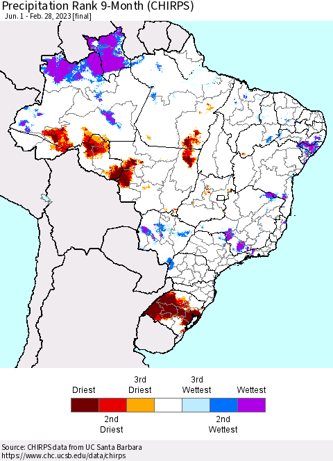 Brazil Precipitation Rank since 1981, 9-Month (CHIRPS) Thematic Map For 6/1/2022 - 2/28/2023