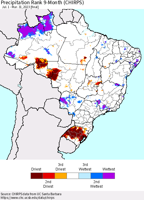 Brazil Precipitation Rank since 1981, 9-Month (CHIRPS) Thematic Map For 7/1/2022 - 3/31/2023