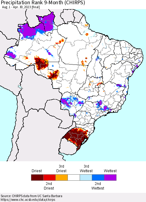 Brazil Precipitation Rank since 1981, 9-Month (CHIRPS) Thematic Map For 8/1/2022 - 4/30/2023