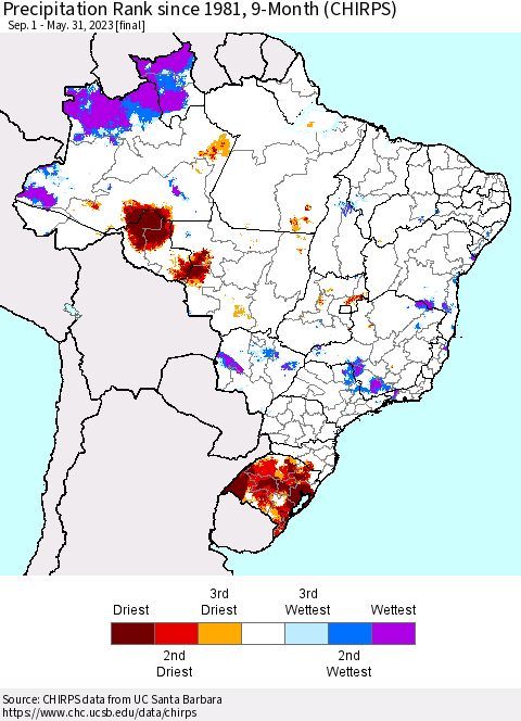 Brazil Precipitation Rank since 1981, 9-Month (CHIRPS) Thematic Map For 9/1/2022 - 5/31/2023