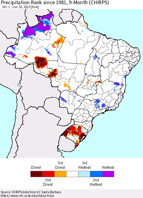 Brazil Precipitation Rank since 1981, 9-Month (CHIRPS) Thematic Map For 10/1/2022 - 6/30/2023