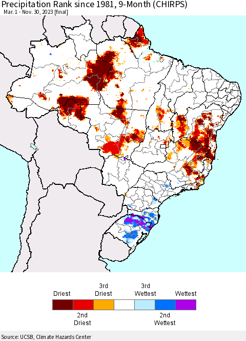 Brazil Precipitation Rank since 1981, 9-Month (CHIRPS) Thematic Map For 3/1/2023 - 11/30/2023