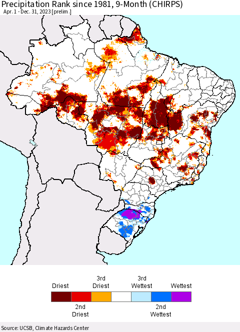 Brazil Precipitation Rank since 1981, 9-Month (CHIRPS) Thematic Map For 4/1/2023 - 12/31/2023