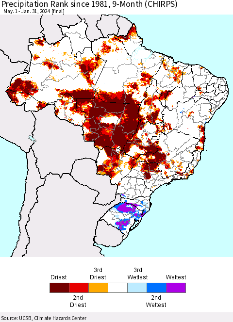 Brazil Precipitation Rank since 1981, 9-Month (CHIRPS) Thematic Map For 5/1/2023 - 1/31/2024
