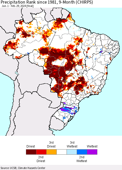 Brazil Precipitation Rank since 1981, 9-Month (CHIRPS) Thematic Map For 6/1/2023 - 2/29/2024