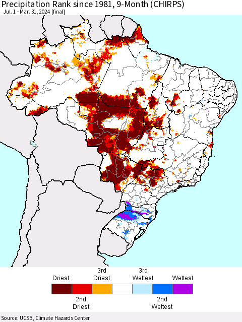 Brazil Precipitation Rank since 1981, 9-Month (CHIRPS) Thematic Map For 7/1/2023 - 3/31/2024