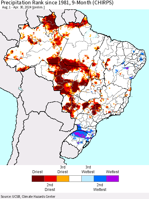 Brazil Precipitation Rank since 1981, 9-Month (CHIRPS) Thematic Map For 8/1/2023 - 4/30/2024