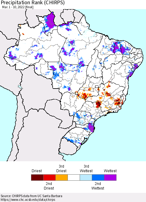 Brazil Precipitation Rank since 1981 (CHIRPS) Thematic Map For 3/1/2022 - 3/10/2022