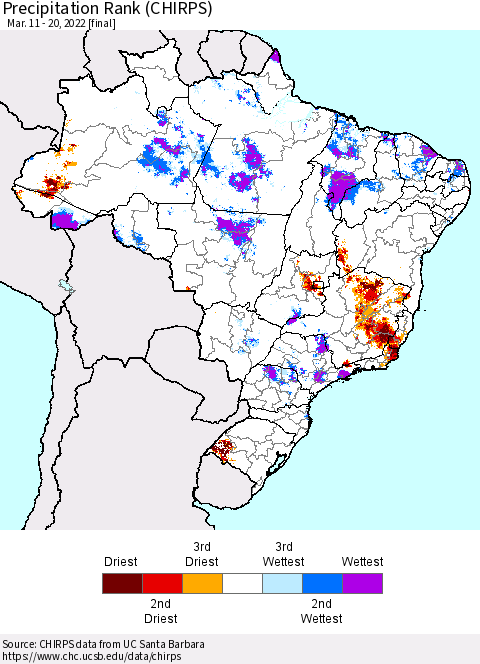 Brazil Precipitation Rank since 1981 (CHIRPS) Thematic Map For 3/11/2022 - 3/20/2022
