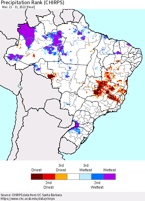 Brazil Precipitation Rank since 1981 (CHIRPS) Thematic Map For 3/21/2022 - 3/31/2022