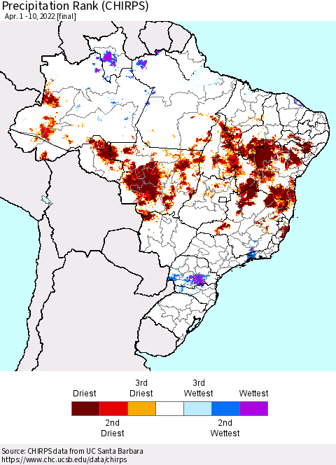Brazil Precipitation Rank since 1981 (CHIRPS) Thematic Map For 4/1/2022 - 4/10/2022