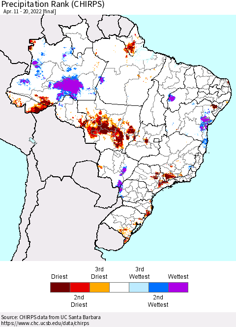 Brazil Precipitation Rank since 1981 (CHIRPS) Thematic Map For 4/11/2022 - 4/20/2022