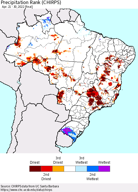 Brazil Precipitation Rank since 1981 (CHIRPS) Thematic Map For 4/21/2022 - 4/30/2022