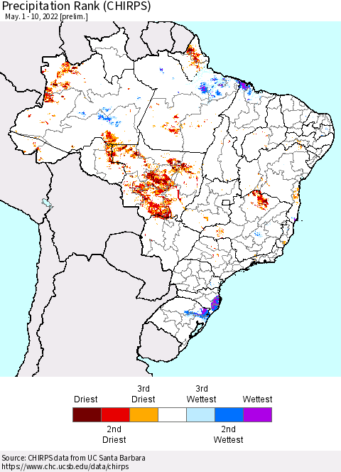 Brazil Precipitation Rank since 1981 (CHIRPS) Thematic Map For 5/1/2022 - 5/10/2022
