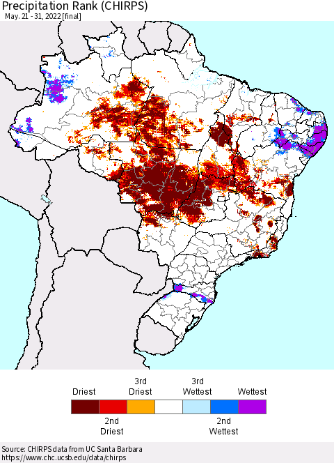 Brazil Precipitation Rank since 1981 (CHIRPS) Thematic Map For 5/21/2022 - 5/31/2022