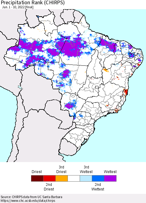 Brazil Precipitation Rank since 1981 (CHIRPS) Thematic Map For 6/1/2022 - 6/10/2022