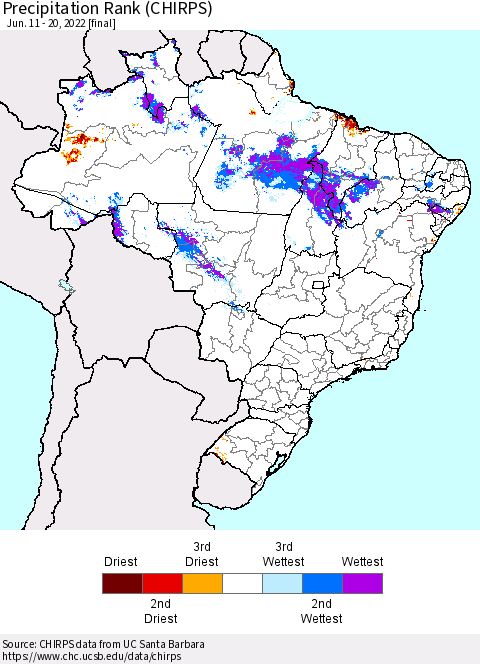 Brazil Precipitation Rank since 1981 (CHIRPS) Thematic Map For 6/11/2022 - 6/20/2022