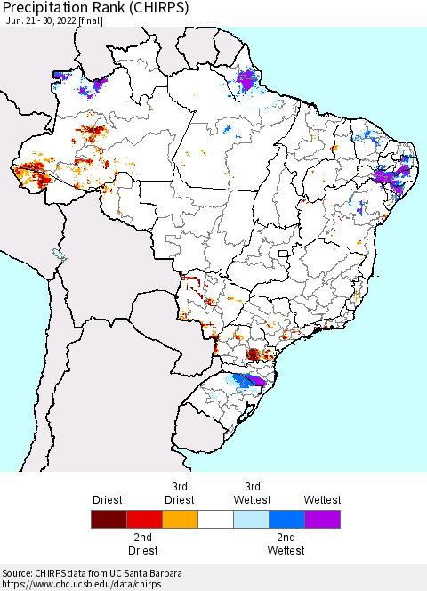 Brazil Precipitation Rank since 1981 (CHIRPS) Thematic Map For 6/21/2022 - 6/30/2022