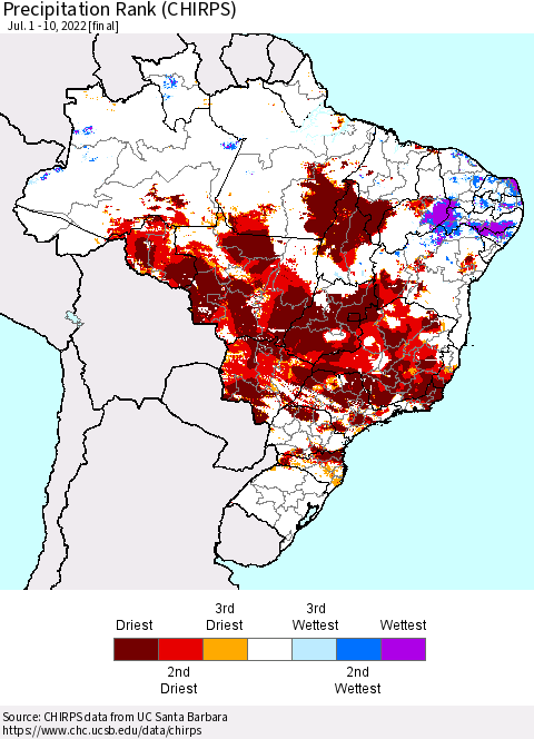 Brazil Precipitation Rank since 1981 (CHIRPS) Thematic Map For 7/1/2022 - 7/10/2022