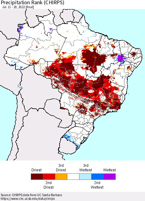 Brazil Precipitation Rank since 1981 (CHIRPS) Thematic Map For 7/11/2022 - 7/20/2022