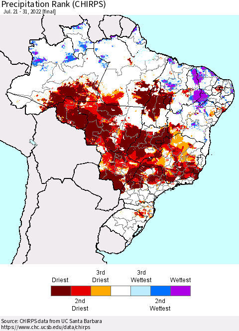 Brazil Precipitation Rank since 1981 (CHIRPS) Thematic Map For 7/21/2022 - 7/31/2022