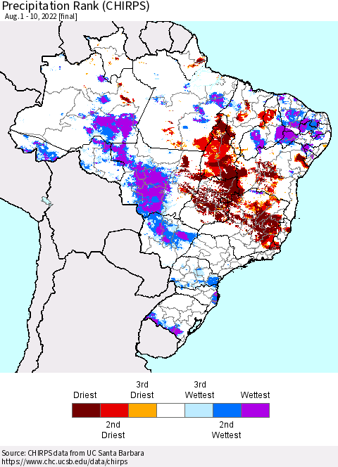 Brazil Precipitation Rank since 1981 (CHIRPS) Thematic Map For 8/1/2022 - 8/10/2022
