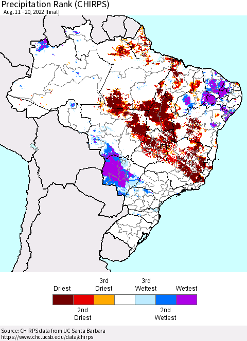 Brazil Precipitation Rank since 1981 (CHIRPS) Thematic Map For 8/11/2022 - 8/20/2022