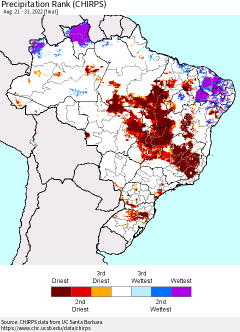 Brazil Precipitation Rank since 1981 (CHIRPS) Thematic Map For 8/21/2022 - 8/31/2022