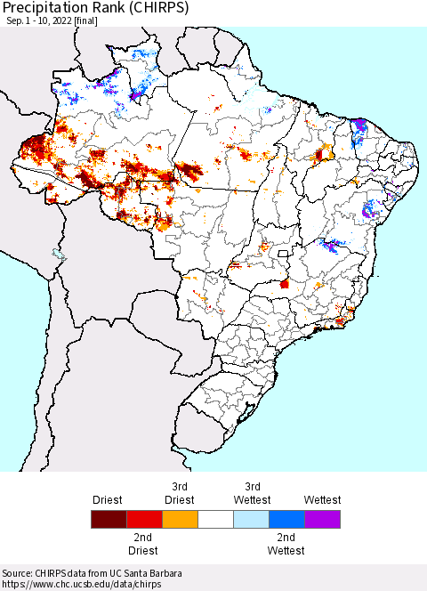 Brazil Precipitation Rank since 1981 (CHIRPS) Thematic Map For 9/1/2022 - 9/10/2022