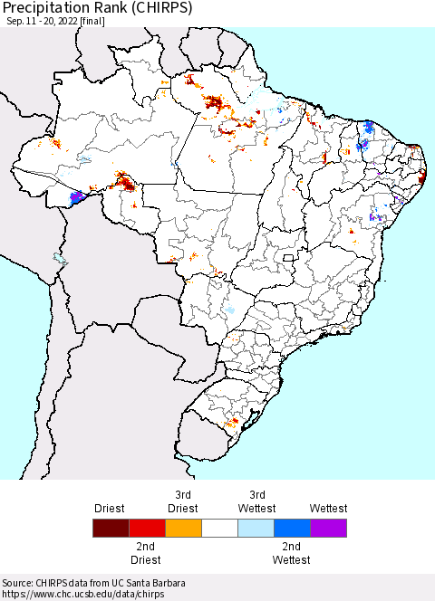 Brazil Precipitation Rank since 1981 (CHIRPS) Thematic Map For 9/11/2022 - 9/20/2022