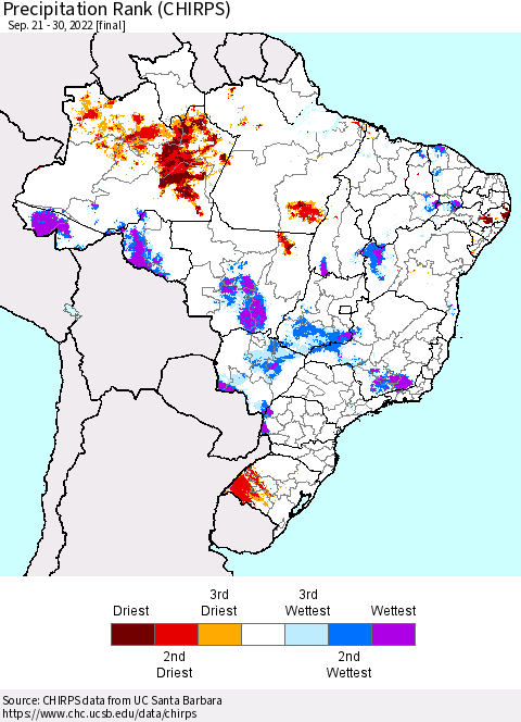 Brazil Precipitation Rank since 1981 (CHIRPS) Thematic Map For 9/21/2022 - 9/30/2022