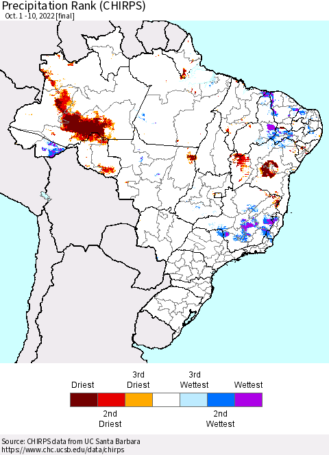 Brazil Precipitation Rank since 1981 (CHIRPS) Thematic Map For 10/1/2022 - 10/10/2022