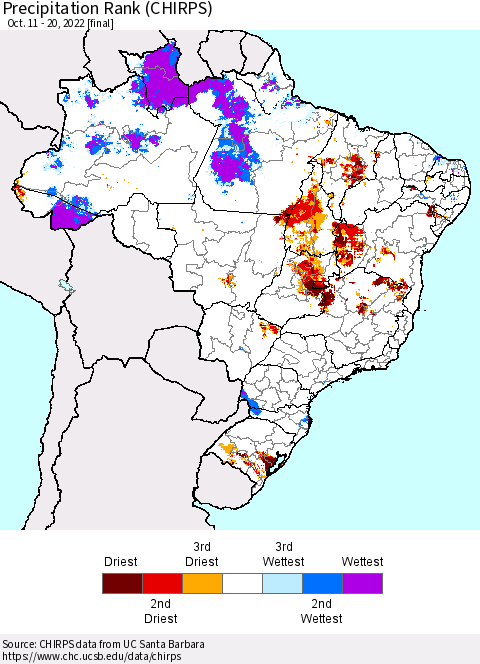 Brazil Precipitation Rank since 1981 (CHIRPS) Thematic Map For 10/11/2022 - 10/20/2022