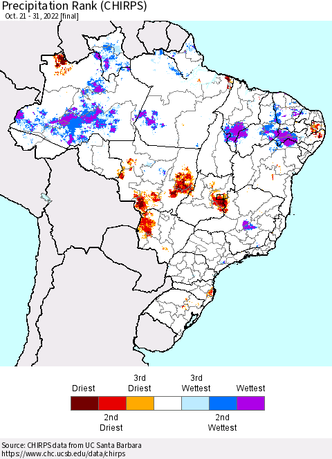 Brazil Precipitation Rank since 1981 (CHIRPS) Thematic Map For 10/21/2022 - 10/31/2022