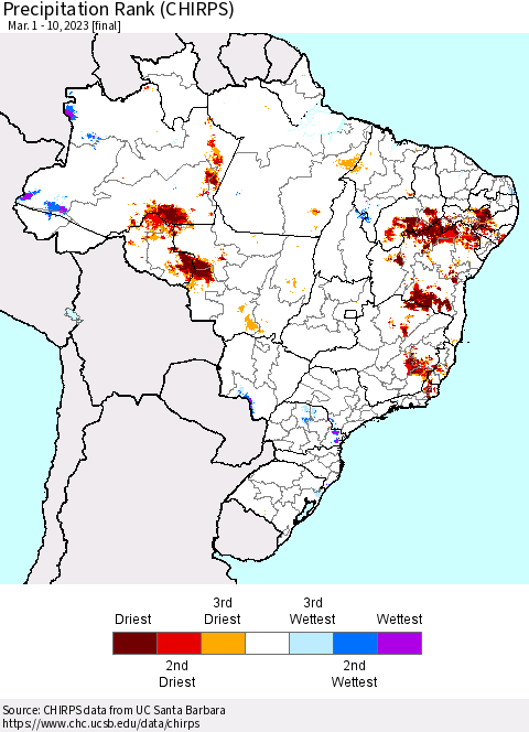 Brazil Precipitation Rank since 1981 (CHIRPS) Thematic Map For 3/1/2023 - 3/10/2023