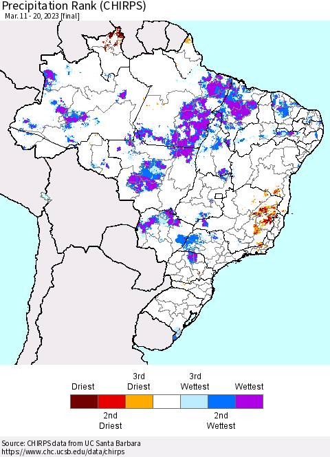 Brazil Precipitation Rank since 1981 (CHIRPS) Thematic Map For 3/11/2023 - 3/20/2023
