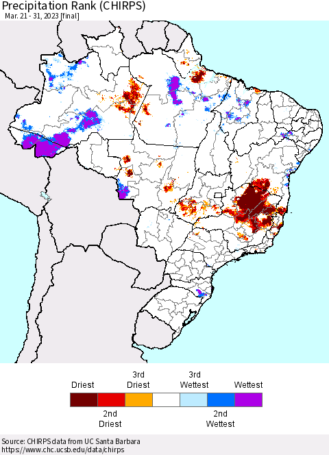 Brazil Precipitation Rank since 1981 (CHIRPS) Thematic Map For 3/21/2023 - 3/31/2023