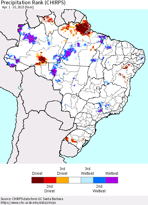 Brazil Precipitation Rank since 1981 (CHIRPS) Thematic Map For 4/1/2023 - 4/10/2023