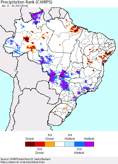 Brazil Precipitation Rank since 1981 (CHIRPS) Thematic Map For 4/11/2023 - 4/20/2023