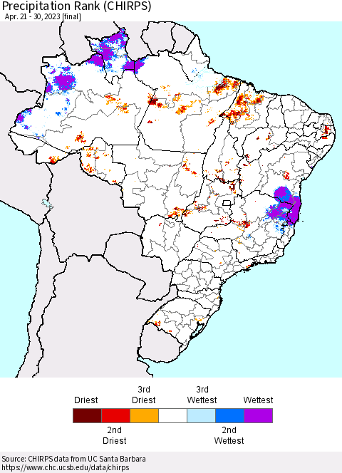 Brazil Precipitation Rank since 1981 (CHIRPS) Thematic Map For 4/21/2023 - 4/30/2023