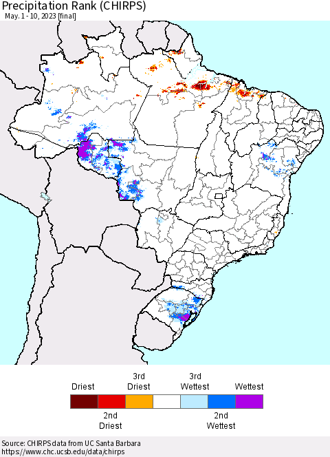 Brazil Precipitation Rank since 1981 (CHIRPS) Thematic Map For 5/1/2023 - 5/10/2023