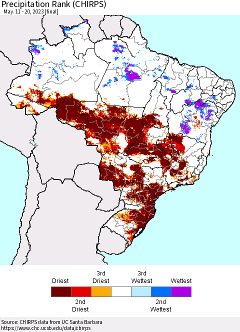 Brazil Precipitation Rank since 1981 (CHIRPS) Thematic Map For 5/11/2023 - 5/20/2023