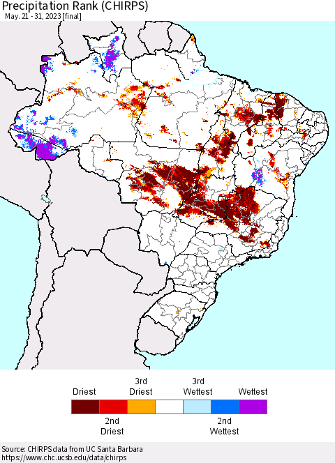 Brazil Precipitation Rank since 1981 (CHIRPS) Thematic Map For 5/21/2023 - 5/31/2023