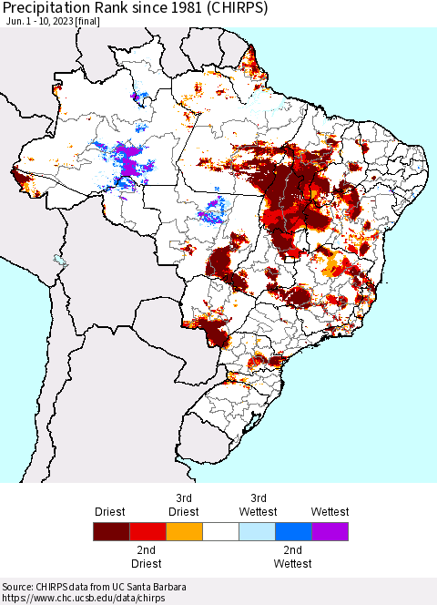 Brazil Precipitation Rank since 1981 (CHIRPS) Thematic Map For 6/1/2023 - 6/10/2023