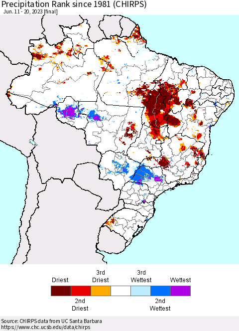 Brazil Precipitation Rank since 1981 (CHIRPS) Thematic Map For 6/11/2023 - 6/20/2023
