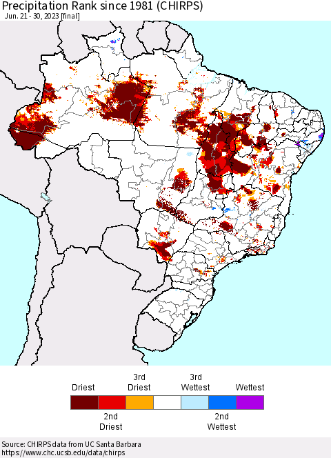 Brazil Precipitation Rank since 1981 (CHIRPS) Thematic Map For 6/21/2023 - 6/30/2023