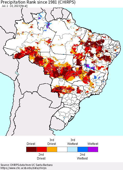 Brazil Precipitation Rank since 1981 (CHIRPS) Thematic Map For 7/1/2023 - 7/10/2023