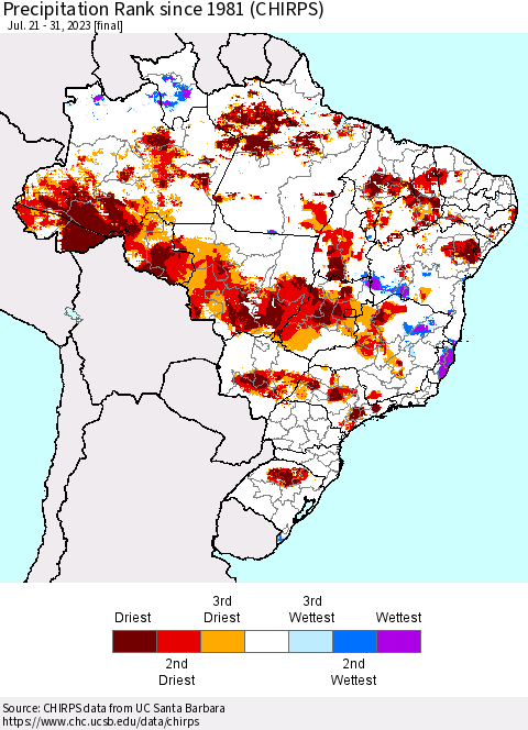 Brazil Precipitation Rank since 1981 (CHIRPS) Thematic Map For 7/21/2023 - 7/31/2023