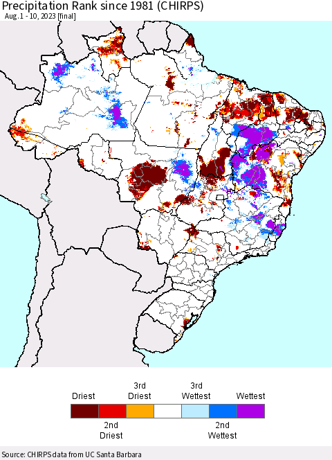 Brazil Precipitation Rank since 1981 (CHIRPS) Thematic Map For 8/1/2023 - 8/10/2023