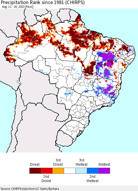 Brazil Precipitation Rank since 1981 (CHIRPS) Thematic Map For 8/11/2023 - 8/20/2023